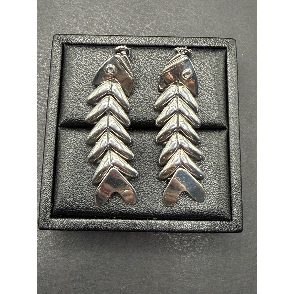 Vintage Sterling Silver Fish Bone Skeleton Dangle Earrings 19 Grams J19